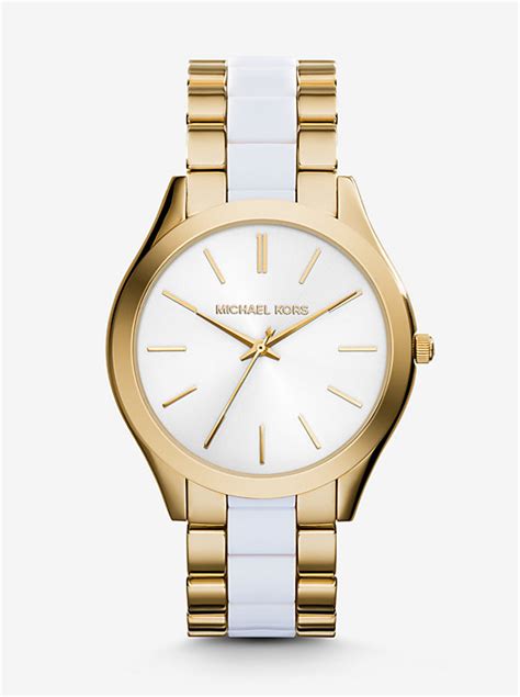 michael kors slim runway three-hand gold tone with acetate watch|michael kors slim runway watch.